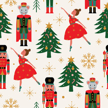 Seamless Christmas Tree Pattern With Ballerina, Nutcracker, And Mouse King.