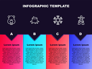 Wall Mural - Set line Beaver animal, Tree stump, Snowflake and Inukshuk. Business infographic template. Vector.