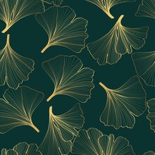 Golden Green Ginkgo Leaves Background. Luxury Floral Art Deco. Gold Natural Pattern Design Bordo Illustration.
