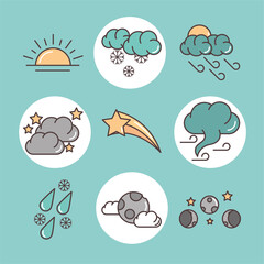 Sticker - weather forecast icons include sunset rainy night moon and winter line and fill style