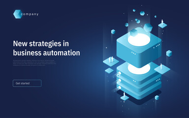 Abstract isometric vector illustration on the subject of technologies, data, processes, platforms, services. Landing page template