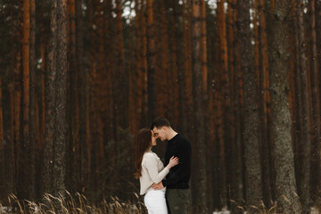 Wall Mural - Smiling couple in love embracing in the winter forest. Place for your text. Love, relationship, winter holidays. Winter couple photo ideas