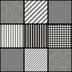 Poster - Set of 9 tiles Azulejos in black and white. Collection striped patterns. Seamless patchwork tile with geometric design. Ceramic tile in talavera style. Vector