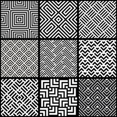 Poster - Set of 9 tiles Azulejos in black and white. Original traditional Portuguese and Spain decor. Seamless patchwork tile with geometric design. Ceramic tile in talavera style. Vector