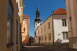 Tallinn old town street view in spring sunny day. St Mary's Cathedral