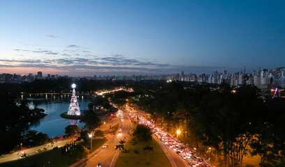 Sao Paulo city and christmas tree in Ibirapuera Park.