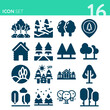 Simple set of 16 icons related to greenwood