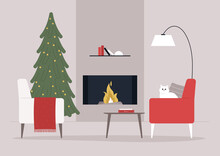 A Living Room Christmas Interior Design, A Xmas Tree And Armchairs, A Cozy Fireplace, Winter Holidays