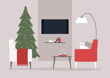 A Living Room Christmas Interior Design, A Xmas Tree, And Armchairs, Winter Holidays