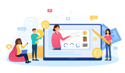 Poster - Online business courses of increasing earnings, money. PC monitor with charts arrow on screen, concept or success financial trading profit. Abstract concept. Cartoon flat vector illustration