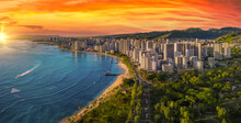 Honolulu With A Vibrant Red Sunset