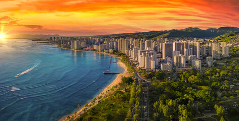 Honolulu with a vibrant red sunset
