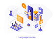 © alexdndz - Language courses isometric web banner. Online language tutors, teaching service isometry concept. E-learning platform 3d scene, distance education design. Vector illustration with people characters.