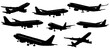 set of silhouettes of airplanes, flat design 
