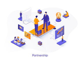 Leinwandbilder - Business partnership isometric web banner. Business collaboration and partners agreement isometry concept. Effective teamwork and communication 3d scene. Vector illustration with people characters.