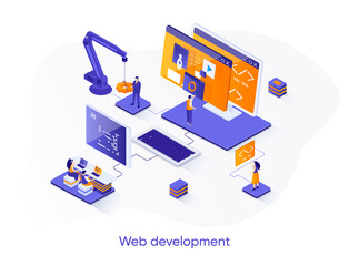 Aufkleber - Web development isometric web banner. Full stack development company isometry concept. Software engineering 3d scene, application design and programming. Vector illustration with people characters.
