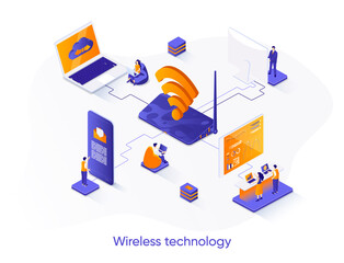 Fototapete - Wireless technology isometric web banner. WiFi network communication isometry concept. Internet sharing 3d scene, gadgets network connection flat design. Vector illustration with people characters.