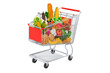 © alexlmx - Shopping trolley with grocery products, fruits and vegetables. 3D rendering