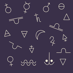 A drawn vector set of alchemical symbols is isolated on a dark background. For mystical illustration, palmistry and astrology. Vector illustration..