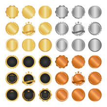 Collection Of Modern, Gold Circle Metal Badges, Labels And Design Elements. Vector Illustration