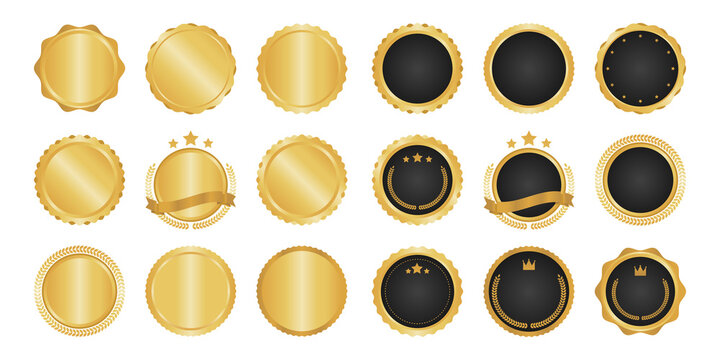 Wall Mural - Collection of modern, gold circle metal badges, labels and design elements. Vector illustration