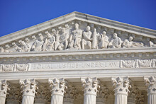 U.S. Supreme Court Building Pediment Detail Showing "Equal Justice Under Law" On Capitol Hill In Washington, DC