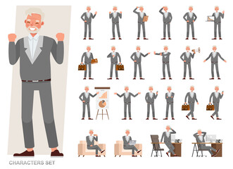 Set of Old businessman character vector design. Presentation in various action with emotions, running, standing and walking. People working in office planning, thinking and economic analysis.