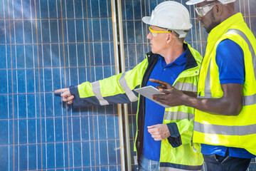 factory worker technician engineer men showing and checking solar cell panel for sustainable technology with working suit and helmet. Concept install construction photovoltaic panel renewable energy.