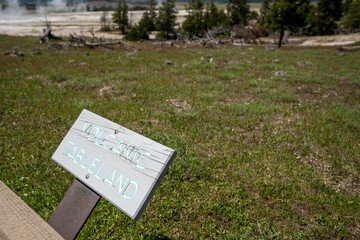 Sign for Volcanic Tableland, a hot spring in Yellowstone National Park