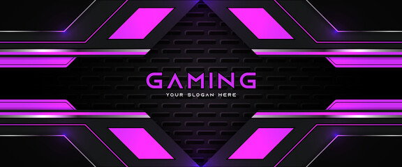 Fototapete - Futuristic purple and black abstract gaming banner design template with metal technology concept. Vector graphic for business corporate promotion, game header social media, live streaming background