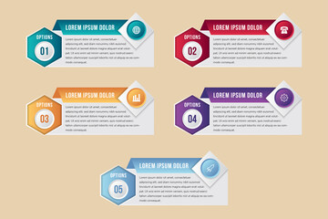 Poster - Modern infographics process template with paper sheets, polygons with hexagon and square ornament, icons and text for 5 steps. Can be used for web design, timeline and workflow layout