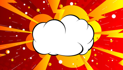 Wall Mural - Comic book background with red and yellow zoom effect and blank cloud. Vector illustration.
