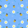 © TaMih - Seamless pattern with bees and chamomiles. White daisy on a blue background, bees collect honey. Pattern for textiles and children's clothing. Case, fitness bracelet strap. Flat style. Vector