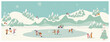 Panoramic Vector illustration of a Christmas winter holidays landscape banner.Retro color of winter landscape of people skating activities at iced lake with kids, snowman.Concept of winter activitie