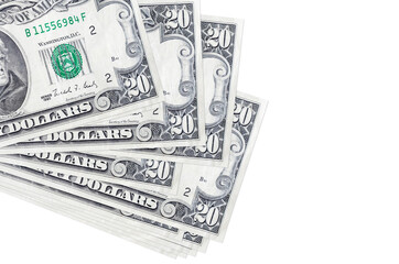 20 US dollars bills lies in small bunch or pack isolated on white. Mockup with copy space. Business and currency exchange