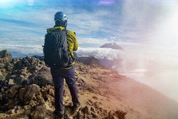 A closeup shot of a man on the volcano Popocatepetl in Mexico