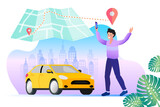 Fototapeta Sport - Carsharing concept. Phone with location mark and smart car with modern city skyline. Car rental service via mobile app. Vector illustration in flat style.
