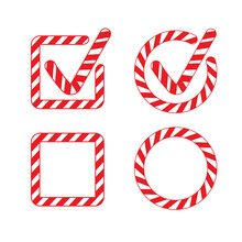 Candy Cane Checkmark Or Tick Collection. Box And Circle Checkmark Icon Set Ideal For A Christmas To-list, Xmas Checklist Or Kids Party Flyer. Geometric Flat Vector Design.
