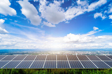 solar panel with modern country town city construction and skyscrapers background,clean alternative 