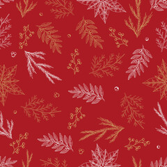  Seamless pattern with hand drawn cones, xmas tree. Christmas vector illustration.