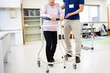 歩行器具を使用したリハビリを行う女性高齢者をサポートする理学療法士の男性