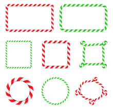 Candy Cane Frame Collection. Christmas Border With Stripes Set. Striped Vector Xmas Circle ,square And Rectangle Shape Background With Copy Space. Red, Green And White Color Design Element.