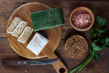 Tempe Or Tempeh Wrapped In Banana Leaves Is An Indonesian Traditional Food, Made From Fermented Soya Beans.