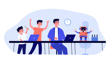 Two happy boys and their dad creating robot. Using tools, programming, cheerful humanoid flat vector illustration. Robotics, childhood concept for banner, website design or landing web page