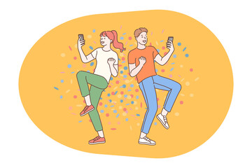 Wall Mural - Smartphone, online communication, chatting concept. Young teen couple cartoon characters looking on smartphones, listening to music online and dancing together vector illustration 