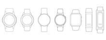 Smart Watches Wireframe Outline Icons Isolated On White Background. Vector Illustration