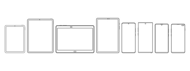 Poster - Modern Tablet Computers and Smartphones Wireframe Outline Icons Isolated on White Background. Vector Illustration