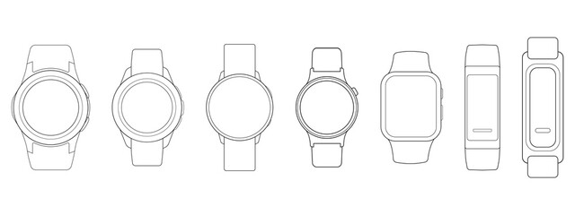 Fototapete - Smart Watches Wireframe Outline Icons Isolated on White Background. Vector Illustration