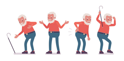 Wall Mural - Old man, elderly person with cane having heart, back ache. Senior citizen over 65 years, retired bearded grandfather, aged pensioner. Vector flat style cartoon illustration isolated, white background