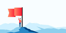 Man With Red Flag On Mountain Peak. Businessman And Financial Success, Goal Achievement Vector Concept